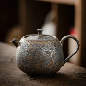 Handmade iron rust glaze porcelain teapot full side view 8oz