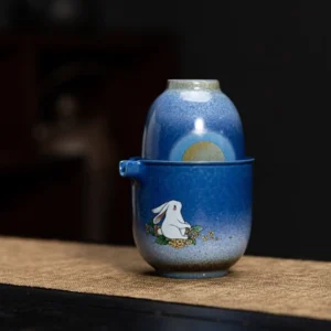 jade rabbit blue gradient portable chawan travel tea set full view with travel bag