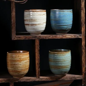 Handcrafted Japanese clay tea cup product overview with dimensions 7x7.7cm 6.7oz