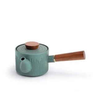 5oz japanese kyusu porcelain teapot with wooden side handle full view