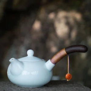 Japanese side handle ceramic teapot 7.6oz light cyan full view