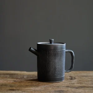 Japanese vintage black ceramic teapot 5oz with built-in infuser main view