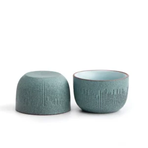 Set of 2 Japanese vintage green ceramic ribbed tea cups 1.7oz product display
