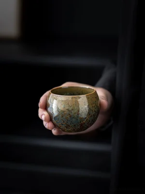 Handmade kiln transformation Jianzhan Tea Bowl with gradient gold teal glaze - 5oz ceramic tea cup