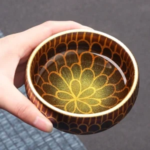 Handmade iridescent petal pattern Jianzhan tea bowl side view