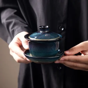 Full set of Jingdezhen blue-green hare fur glaze porcelain gaiwan with lid bowl and saucer