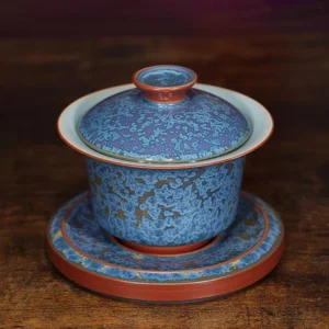 Handmade Jun Kiln blue porcelain gaiwan 5.4oz front view with traditional glaze pattern