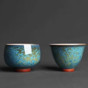 Handmade Jun Kiln Chinese Tea Bowl with blue green kiln change glaze