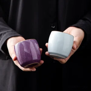 jun kiln porcelain tea cup with blue gift box side view
