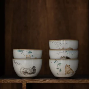 Full set of kawaii cat chinese ceramic tea bowls gift packaging