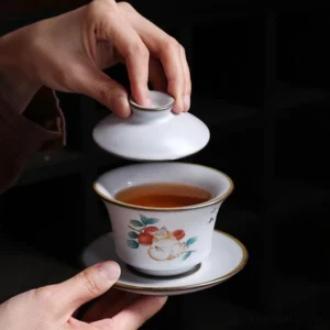 Full set kawaii cat pattern porcelain gaiwan tea set white with gold trim