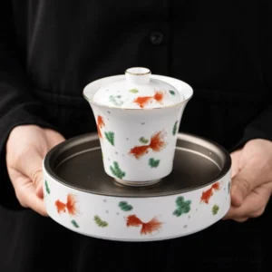 Koi fish motif porcelain gaiwan with matching white tea tray, red koi fish traditional Chinese tea set