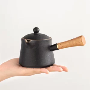 Handcrafted kyusu porcelain teapot with removable wood handle black matte variant side view