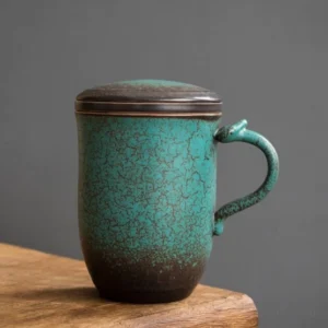 15oz large ceramic tea mug with infuser and lid, retro celadon crackle glaze full product view