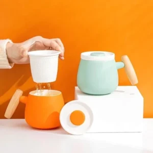large 13.5oz ceramic tea mug with infuser lid and wooden handle full product view