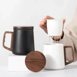 14oz large ceramic tea mug with wooden handle and tea infuser full product view