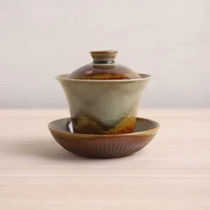 Large 10oz wood-fired glaze crackle porcelain gaiwan side view, natural earthy green brown glaze