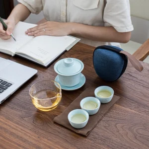 full set of light blue portable ceramic travel kung fu tea set with carrying case