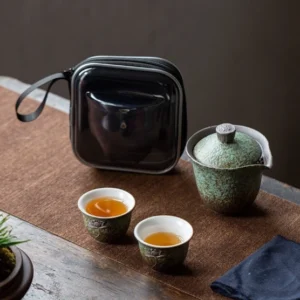 Full set of lotus embossed portable ceramic travel chawan set with bag