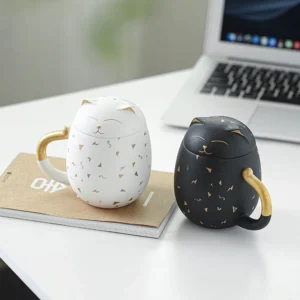12oz lucky cat ceramic tea mug with lid and infuser white variant with gold detailing