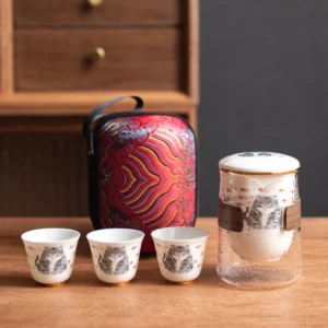 10oz lucky cat portable travel ceramic glass tea set full view with carry bag