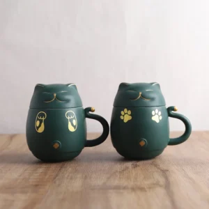 Maneki-neko lucky cat ceramic tea mug with strainer front view