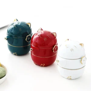 Maneki-neko lucky cat ceramic travel chawan tea set full open view