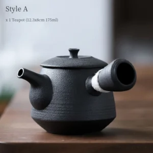 Matte black side handle kyusu teapot with white wrapped handle, full product view