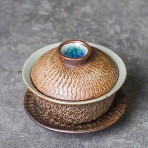 Mini hand-carved porcelain gaiwan earth brown textured body blue green inner glaze