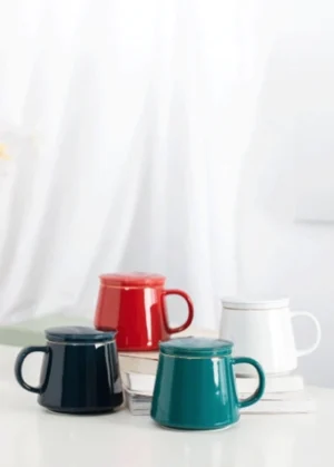 full product view of minimalist 10oz ceramic tea infuser mug with lid and infuser