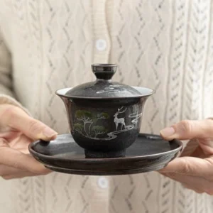 Full modern hand-painted deer porcelain gaiwan complete tea set deep black matte