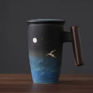 13.5oz moon deer ceramic tea mug with strainer and lid product main view