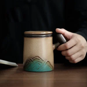 handcrafted mountain ceramic tea infuser mug with lid full product view