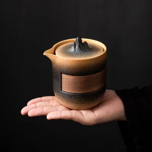 Mountain ceramic travel chawan tea set style B gradient black to cream with wood accent rings
