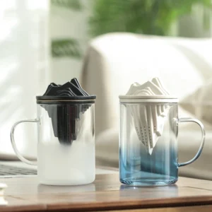 mountain tea mug with ceramic infuser 12oz blue gradient glass body full view