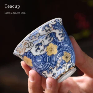 2.2oz new chinese blue gold porcelain tea cup with wave pattern
