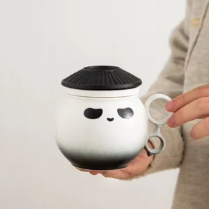 Handmade gradient panda ceramic tea mug with infuser and lid main product view