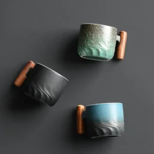 Porcelain tea cup with natural wooden handle in multiple sizes and colors