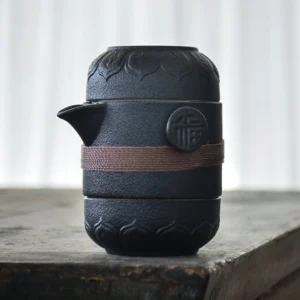 Portable black ceramic chawan travel tea set with fu blessing symbol, full unboxed view