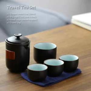 Full portable 8.5oz black ceramic travel chawan tea set with travel bag
