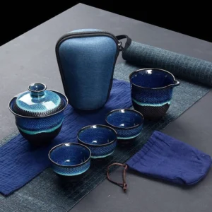 Portable blue ceramic gongfu travel chawan tea set full view in carrying case