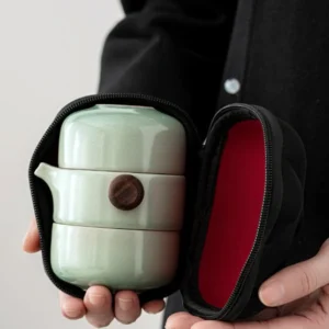 Complete portable celadon ceramic chawan travel tea set with carrying case open
