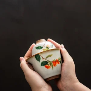 Portable hand-painted ceramic chawan travel tea set with blue denim travel bag