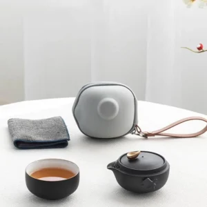Portable ceramic chawan travel tea set with carry case full view black gold