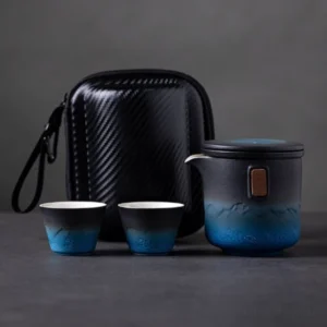 6.7oz portable gradient blue black ceramic travel tea set with teapot two teacups and travel bag packaged