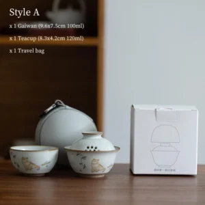 Portable ceramic chawan travel tea set style A with green vine cat pattern