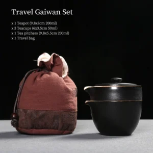 Portable ceramic chawan travel tea set 6.7oz with brown storage bag
