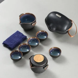 Full complete view of portable ceramic Chinese Kung Fu travel chawan tea set with carrying bag