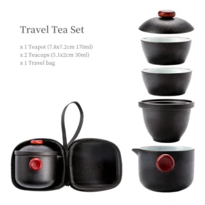 Portable ceramic travel chawan set disassembled view showing all components