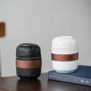 portable ceramic travel chawan set with cloth bag full unboxed view